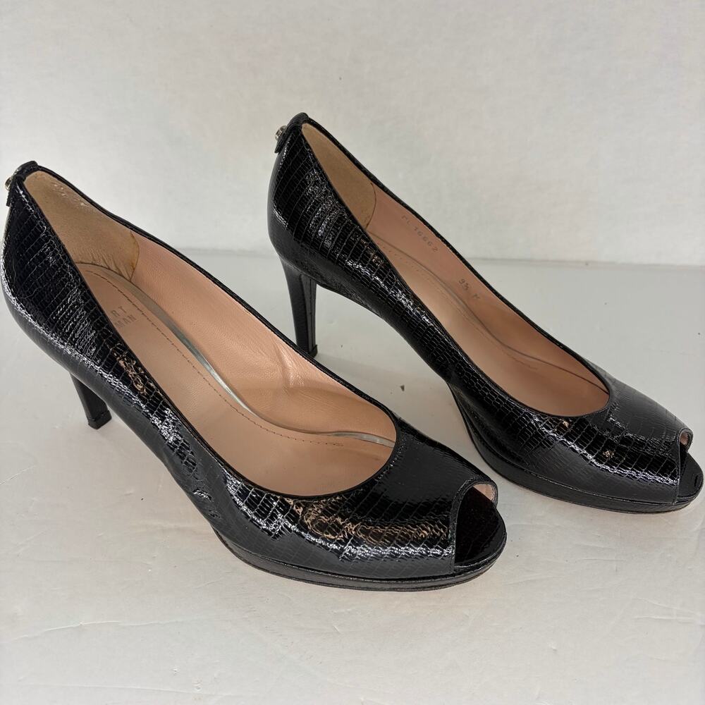 Stuart Weitzman Womens 9.5M Black Lizard Embossed Patent Peep Toe Pumps